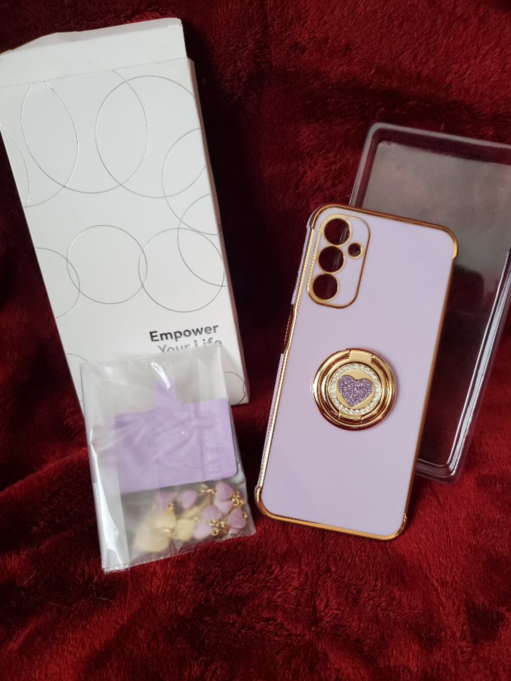 Galaxy A14 Purple Glitter Case with Heart Ring Pop Socket and Heart Strap NIB